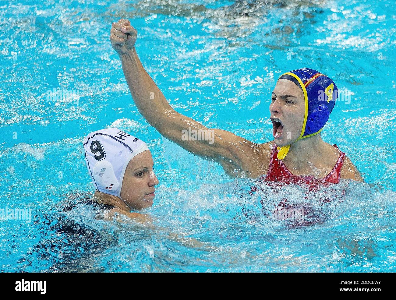 NO FILM, NO VIDEO, NO TV, NO DOCUMENTARY - Spain's Roser Tarrago  Aymerich(4) celebrates her goal against Hungary during their semifinal  match at the Water Polo Arena in Olympic Park during the