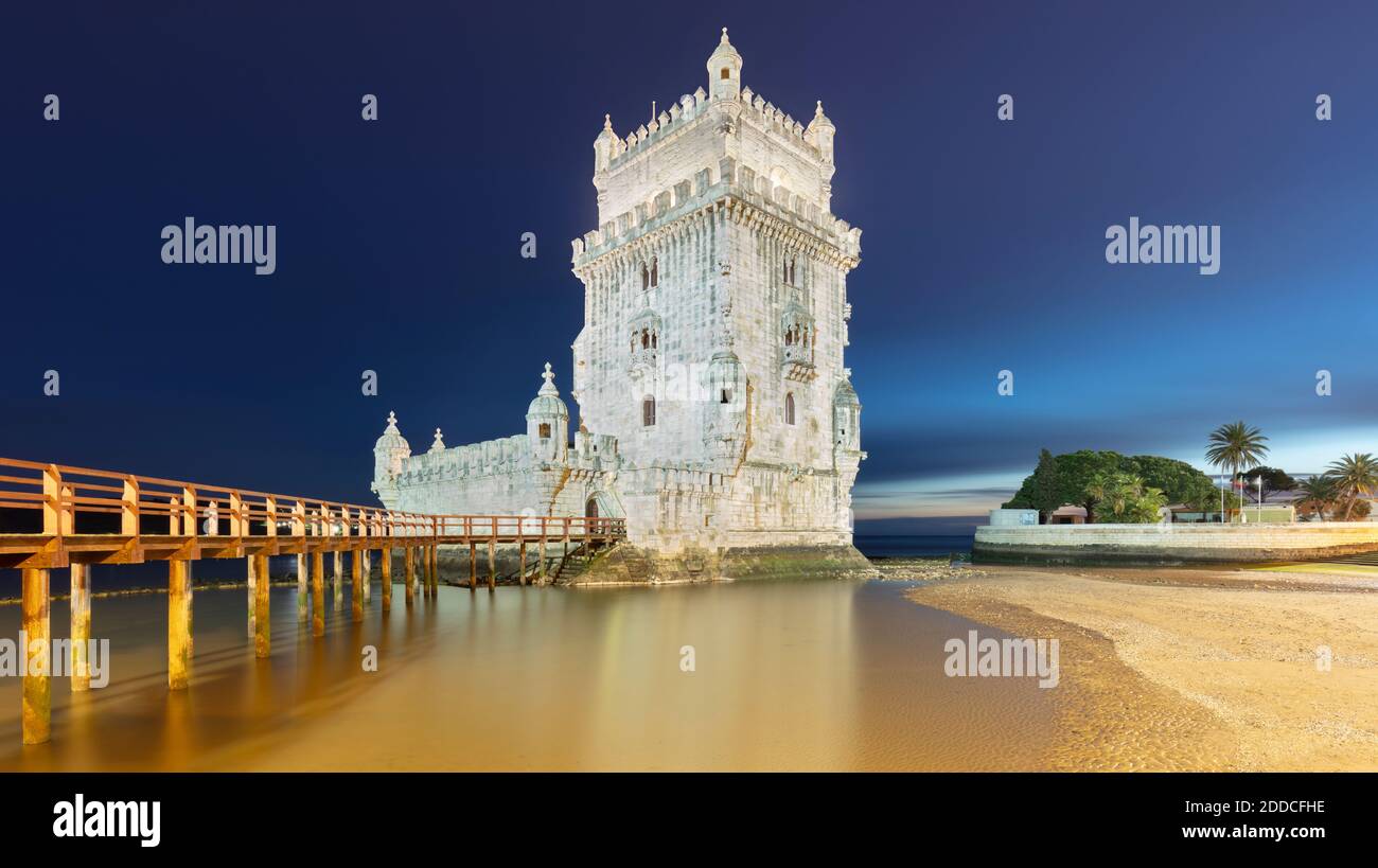Portugal, Lisbon District, Lisbon, Panorama of Belem Tower at dusk Stock Photo
