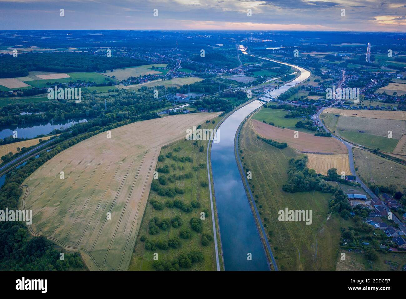 Belgium, Hainaut Province, Aerial view of Canal du Centre at dusk Stock Photo