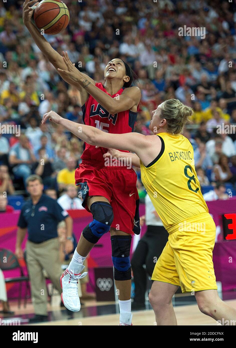 NO FILM, NO VIDEO, NO TV, NO DOCUMENTARY - USA's Candace Parker (15) scores over Australia's Suzy Batkovic (8) during their semifinals game at the Basketball Arena at the North Greenwich Arena during the 2012 Summer Olympic Games in London, UK, Thursday, August 9, 2012. USA defeated Australia 86-73 to advance to the Gold Medal game. Photo by Harry E. Walker/MCT/ABACAPRESS.COM Stock Photo