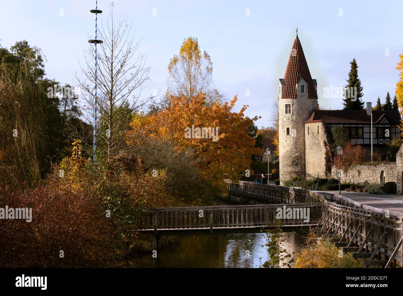 Bridge over Abens river in Abensberg town during autumn, Bavaria, Europe , Germany Stock Photo