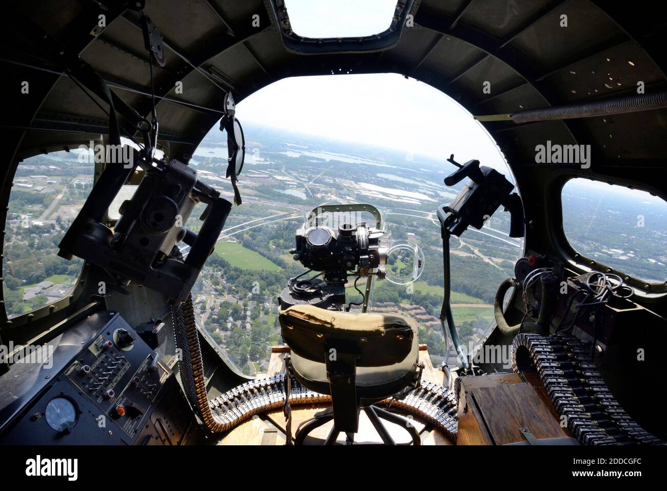 NO FILM, NO VIDEO, NO TV, NO DOCUMENTARY - This is the view from the front gunners bay on a restored B-17 "Flying Fortress" on a flight over Trenton, New Jersey, August 13, 2012. Photo by Tom Gralish/Philadelphia Inquirer/MCT/ABACAPRESS.COM Stock Photo