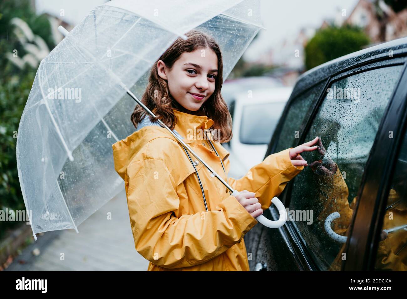 Harajuku Girl in The Rain w/ Clear Umbrella, Face Mask, Green Coat