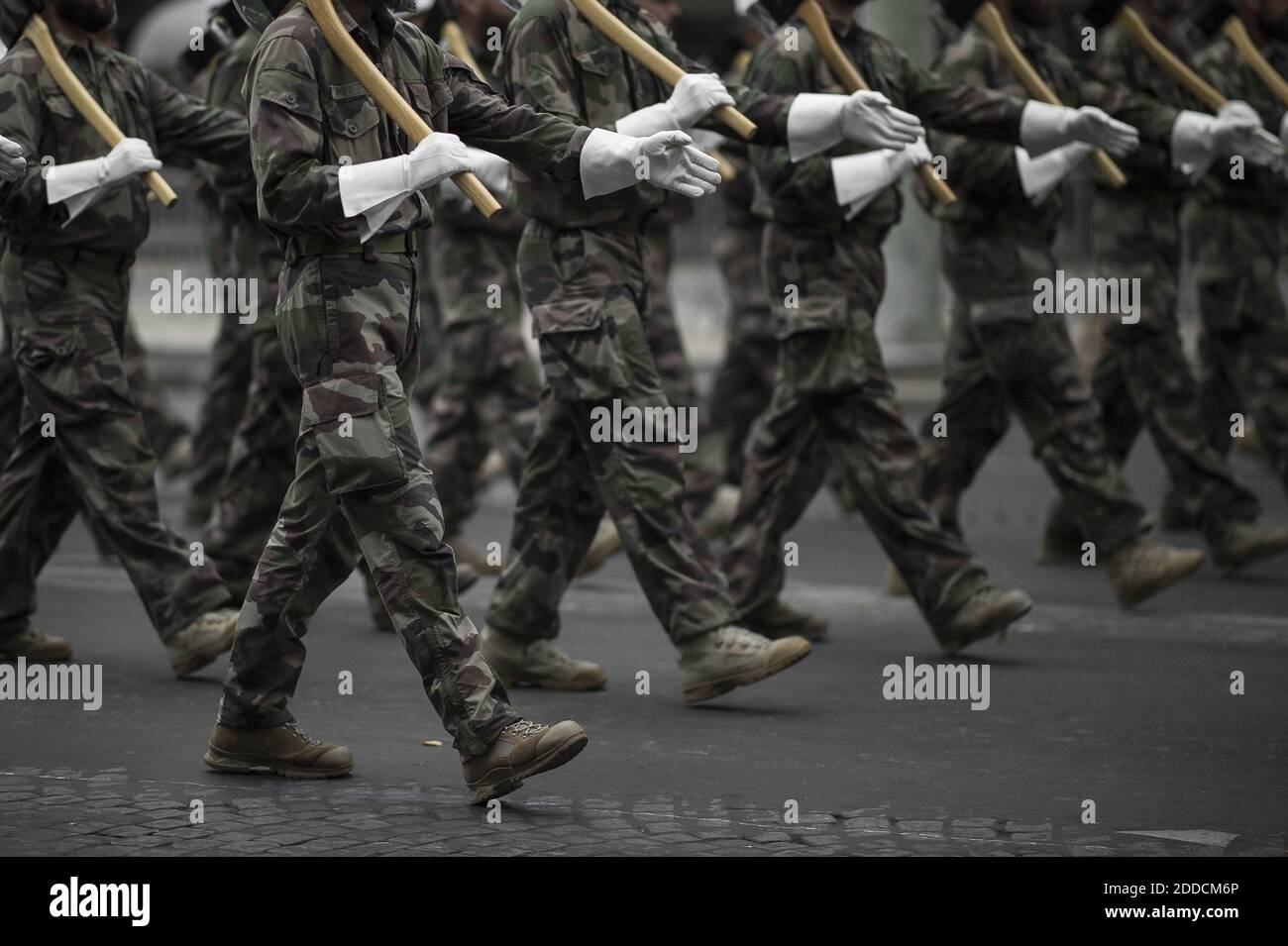 Soldiers of the French Foreign Legion (Legion Etrangere) march down the  Champs Elysees at dawn during a rehearsal of the annual Bastille Day  military parade in Paris, France, on July 10, 2018.