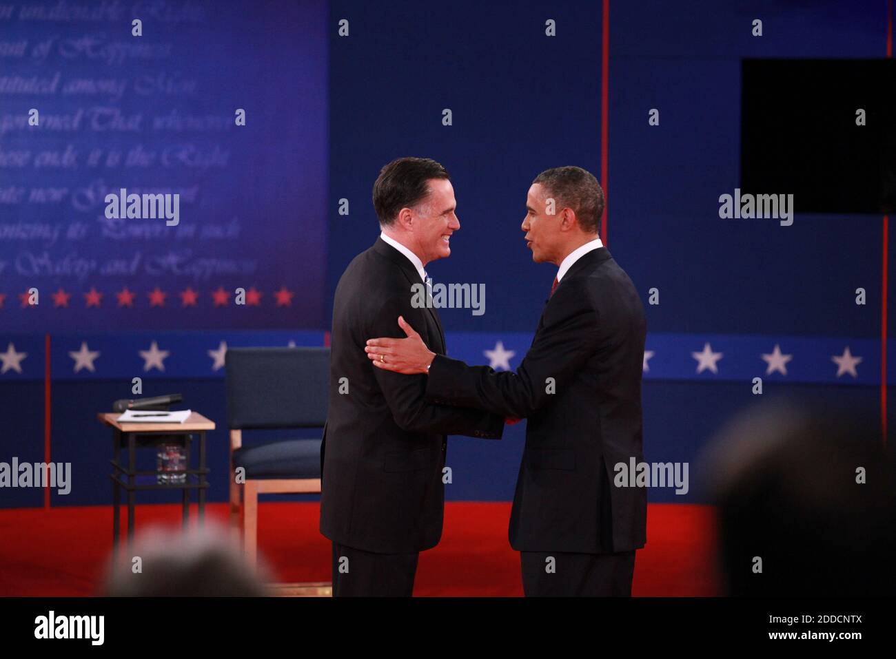 NO FILM, NO VIDEO, NO TV, NO DOCUMENTARY - President Barack Obama, right, and Republican presidential nominee Mitt Romney shake hands at the start of their second presidential debate at Hofstra University in Hempstead, New York USA, on Tuesday, October 16, 2012. Photo by John Paraskevas/Newsday/MCT/ABACAPRESS.COM Stock Photo