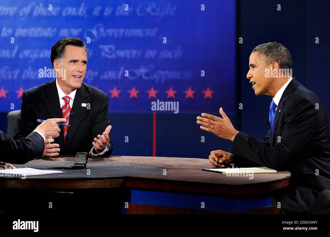 NO FILM, NO VIDEO, NO TV, NO DOCUMENTARY - President Barack Obama, right, speaks during a debate with Republican presidential candidate Mitt Romney, left, at Lynn University in Boca Raton, Florida, USA, on Monday, October 22, 2012. Bob Schieffer is the moderator. Photo by Robert Duyos/Sun Sentinel/MCT/ABACAPRESS.COM Stock Photo