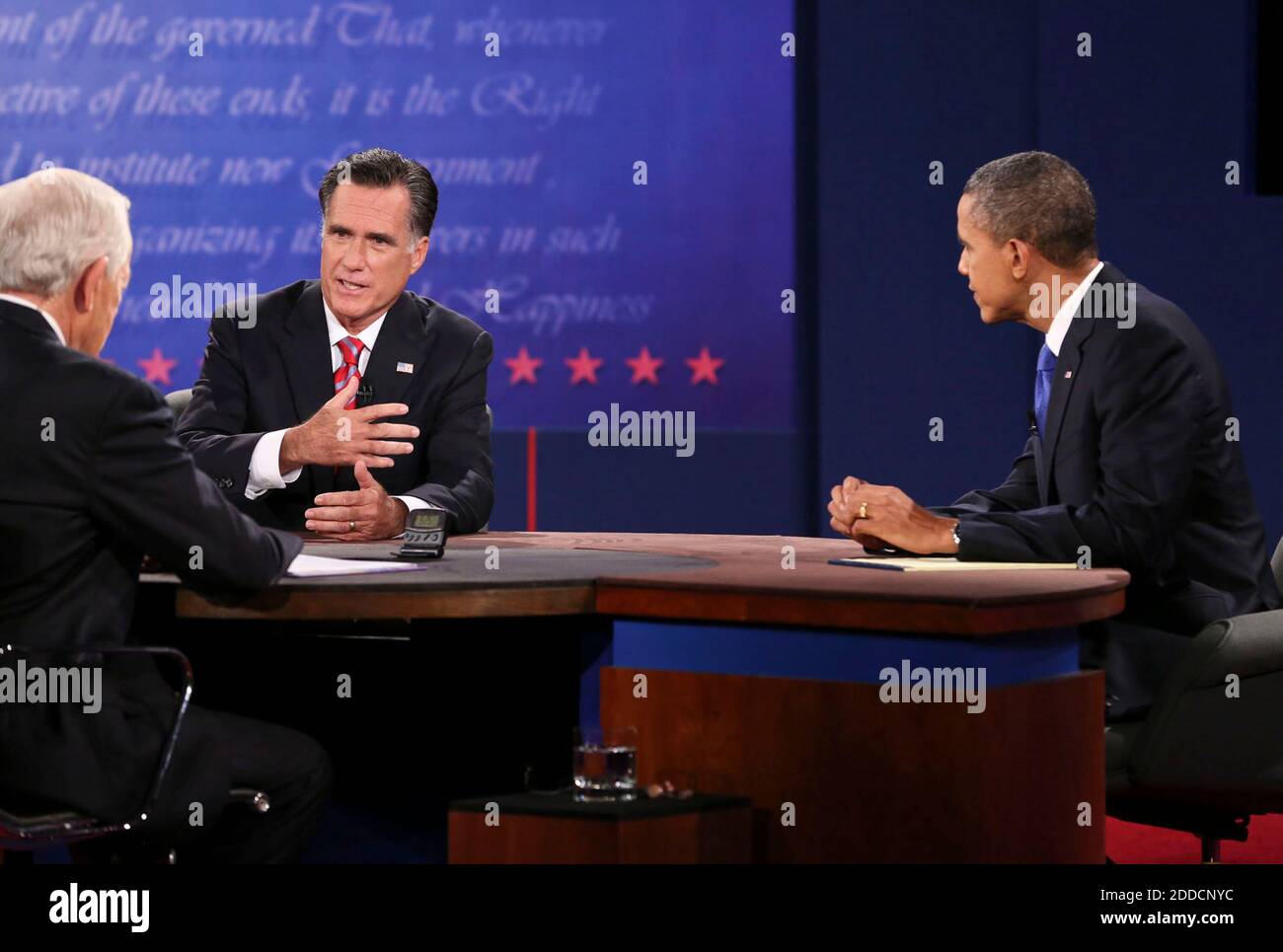 NO FILM, NO VIDEO, NO TV, NO DOCUMENTARY - Republican presidential nominee Mitt Romney, left, speaks during a presidential debate with President Barack Obama speaks at Lynn University in Boca Raton, Florida, USA, on Monday, October 22, 2012. Bob Schieffer is the moderator. Photo by Richard Graulich/Palm Beach Post/MCT/ABACAPRESS.COM Stock Photo