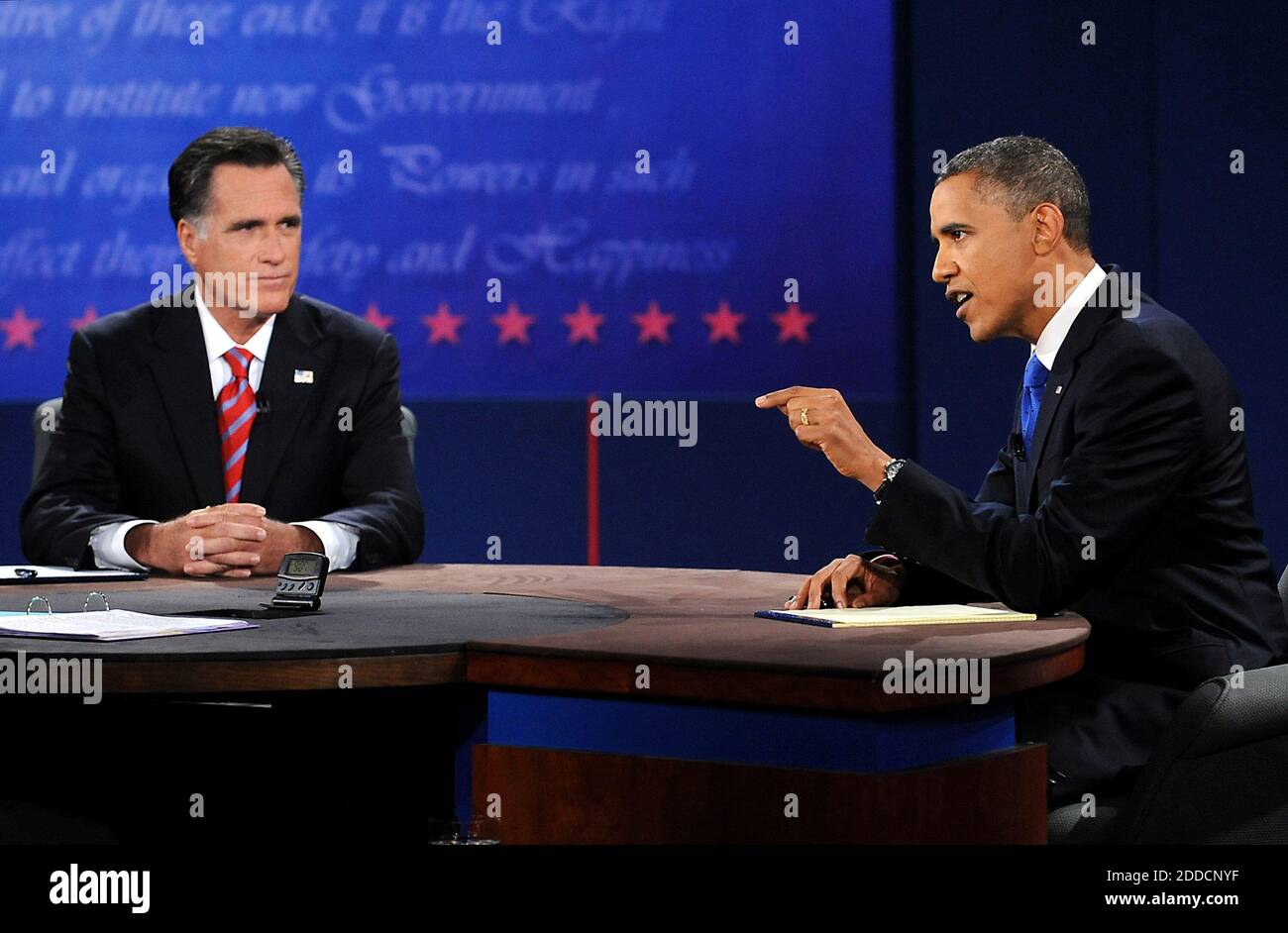 NO FILM, NO VIDEO, NO TV, NO DOCUMENTARY - President Barack Obama, right, speaks during a debate with Republican presidential candidate Mitt Romney, left, at Lynn University in Boca Raton, Florida, USA, on Monday, October 22, 2012. Bob Schieffer is the moderator. Photo by Robert Duyos/Sun Sentinel/MCT/ABACAPRESS.COM Stock Photo