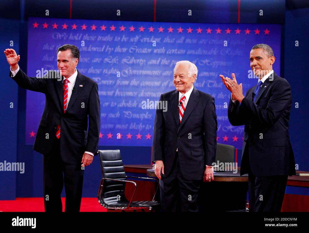 NO FILM, NO VIDEO, NO TV, NO DOCUMENTARY - Republican presidential nominee Mitt Romney, left, and President Barack Obama, right, participate in a presidential debate with moderator Bob Schieffer at Lynn University in Boca Raton, Florida, USA, on Monday, October 22, 2012. Photo by Richard Graulich/Palm Beach Post/MCT/ABACAPRESS.COM Stock Photo