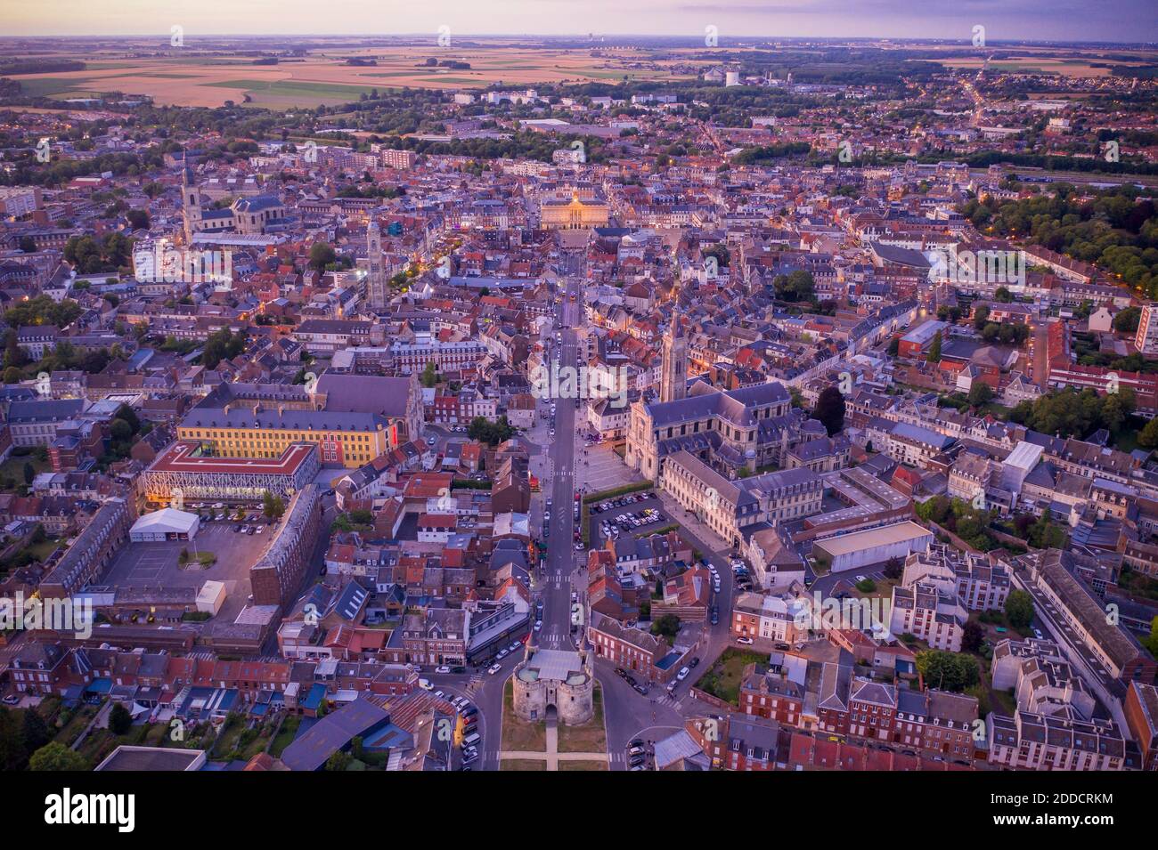 France, Nord, Cambrai, Aerial view of city at dusk Stock Photo