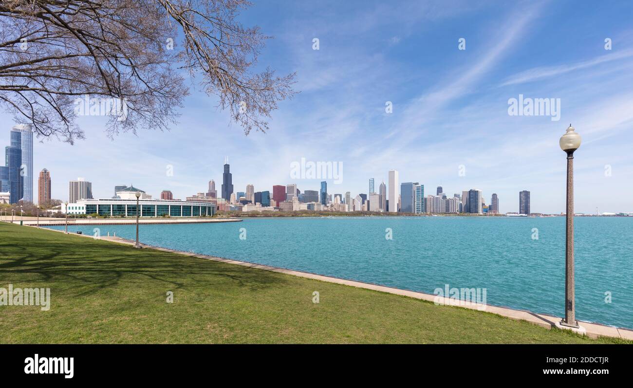 SkyScrapers seen from Northerly Island on sunny day, Chicago, USA Stock Photo