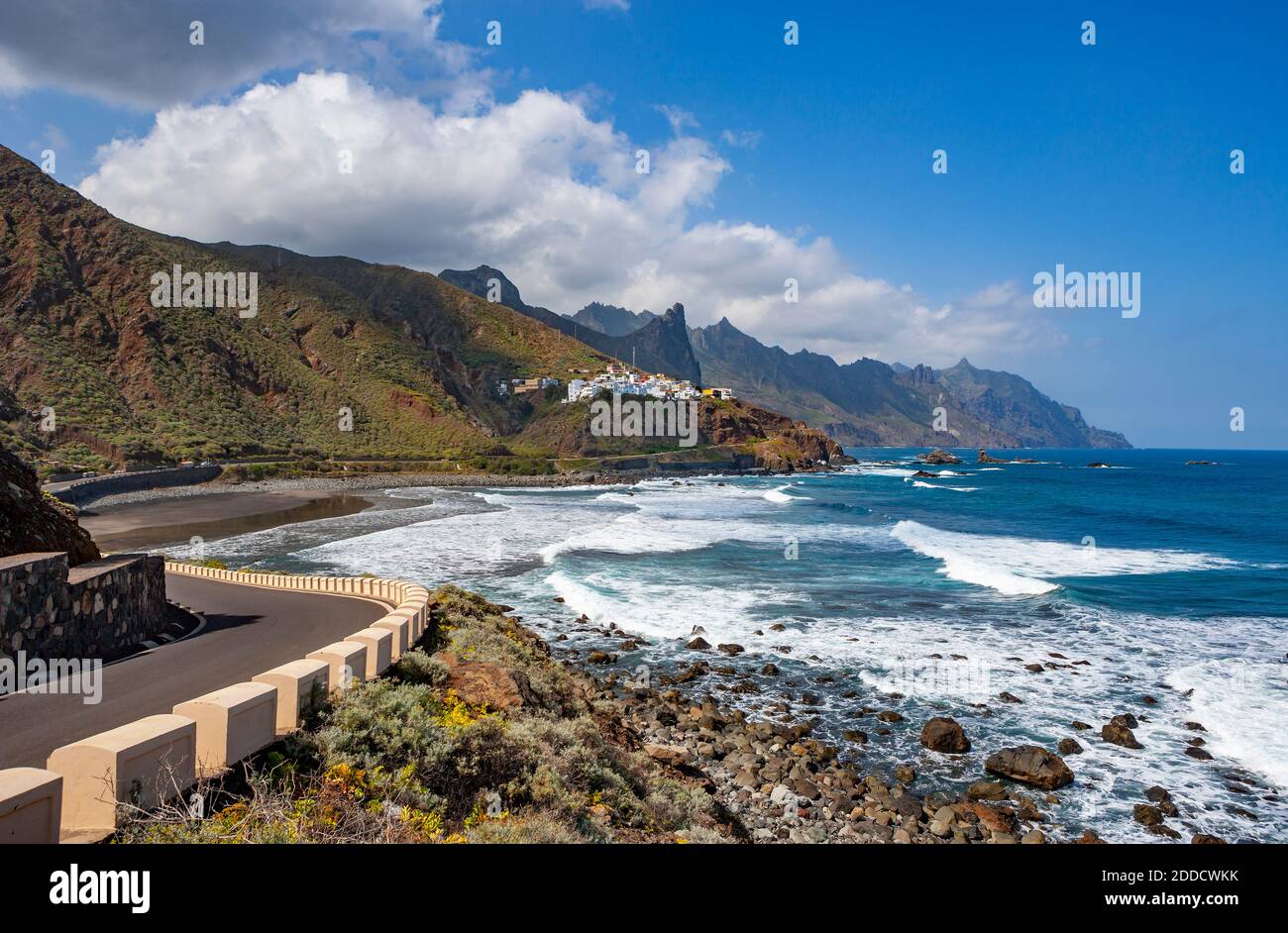 Spain, Province of Santa Cruz de Tenerife, Almaciga, Highway stretching along rugged shore of Tenerife island Stock Photo