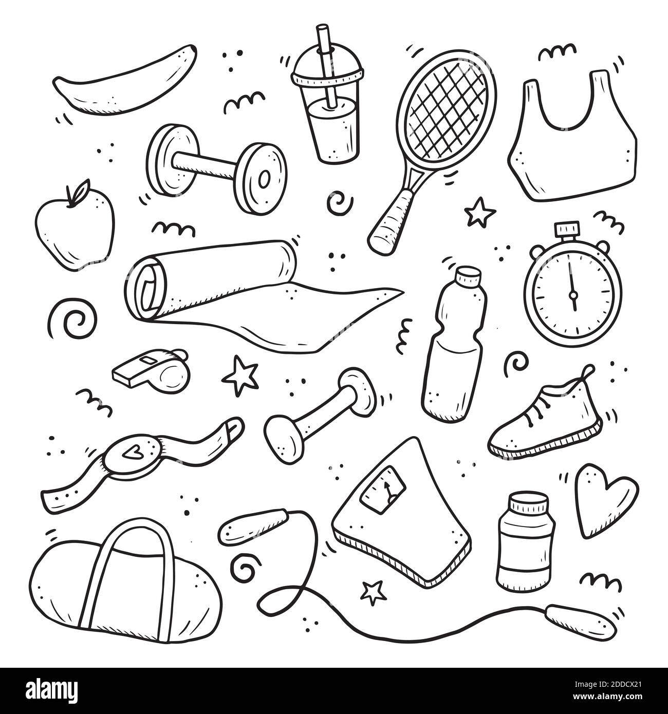 Fitness And Workout Related Objects And Elements Hand Drawn