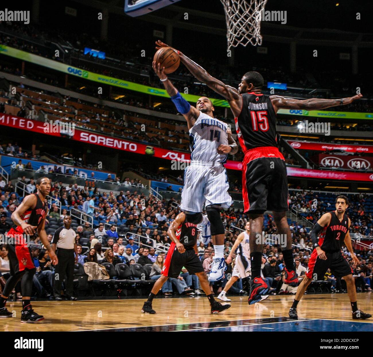 NO FILM, NO VIDEO, NO TV, NO DOCUMENTARY - Toronto Raptors' Amir Johnson (15) blocks a layup by Orlando Magic guard Jameer Nelson (14) during second-quarter action at Amway Center in Orlando, FL, USA on January 24, 2013. Photo by Joshua C. Cruey/Orlando Sentinel/MCT/ABACAPRESS.COM Stock Photo