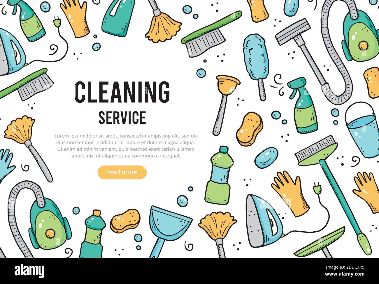 hand drawn design template of cleaning equipments sponge vacuum spray broom bucket doodle sketch style clean element drawn by digital brush pen illustration for icon frame background banner 2DDCXR5