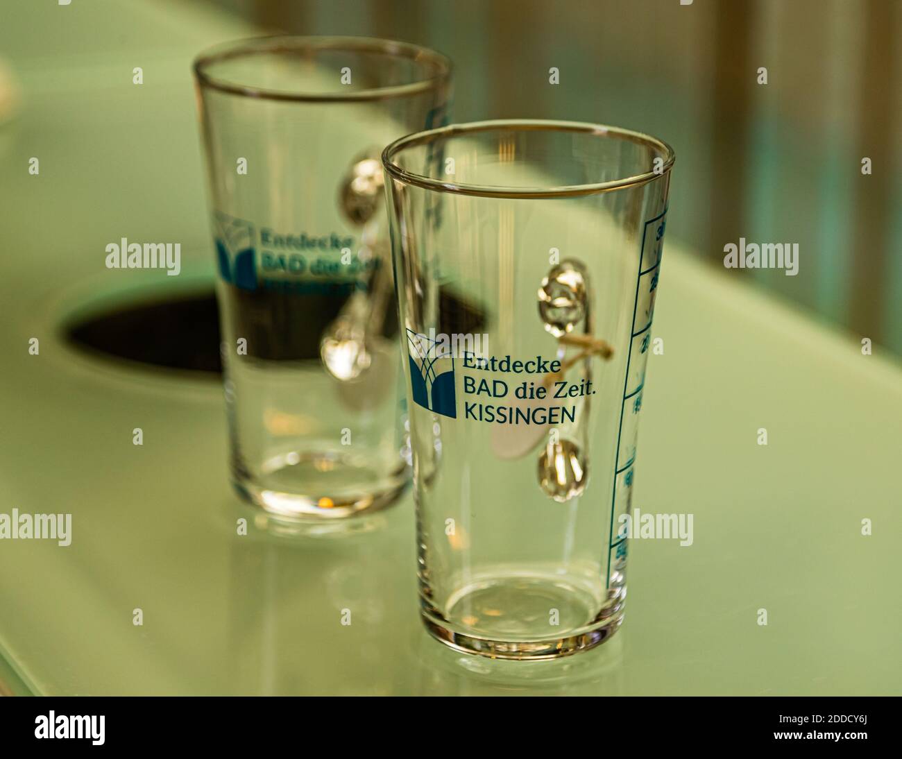 Spa glass with the inscription: 'Discover the time' in Bad Kissingen, Germany Stock Photo