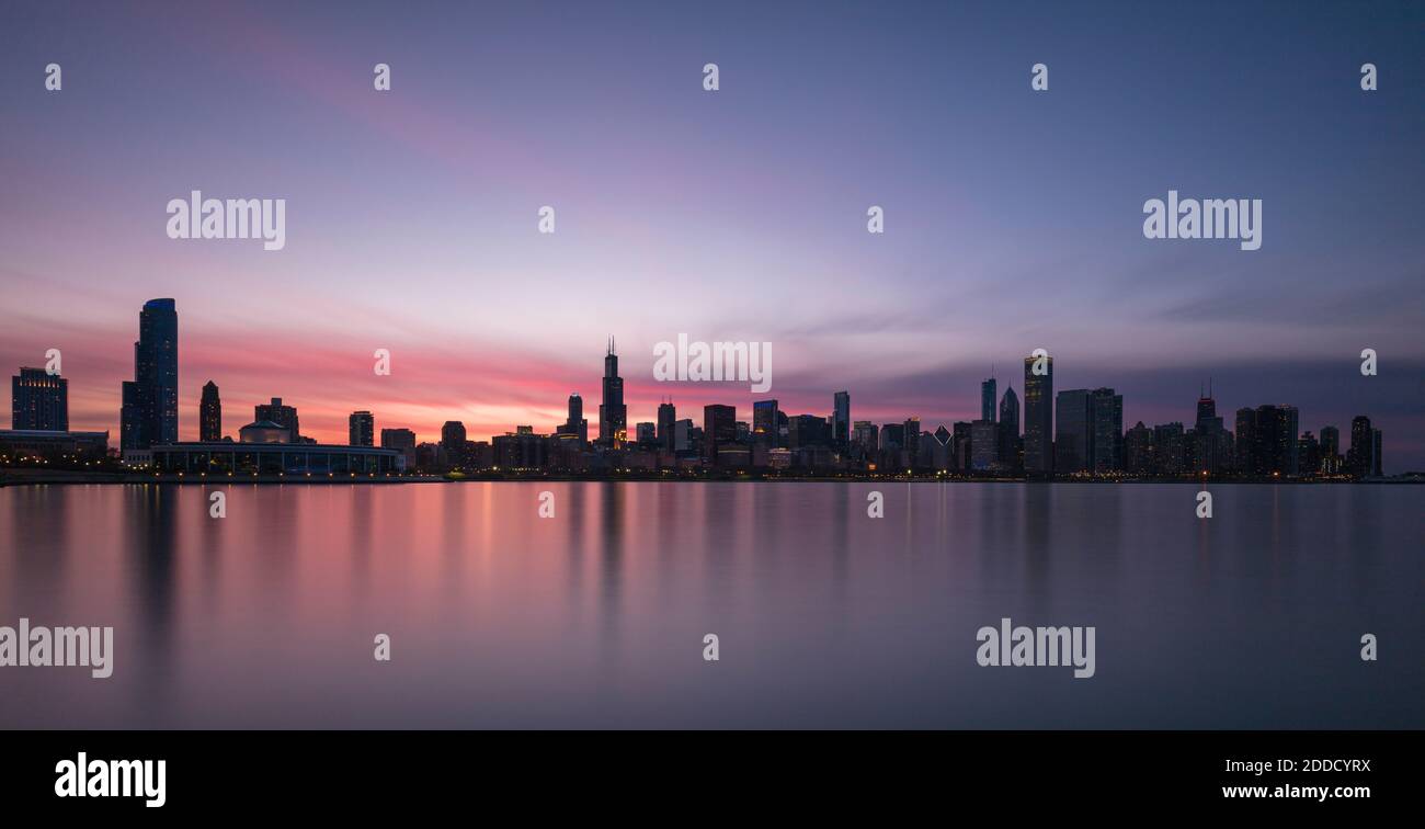 Downtown seen from Northerly Island during sunset, Chicago, USA Stock Photo