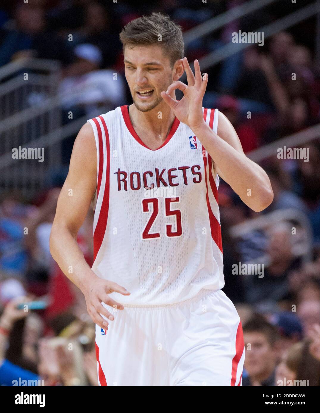 NO FILM, NO VIDEO, NO TV, NO DOCUMENTARY - Chandler Parsons (25) of the Houston  Rockets celebrates making three of his 32 points in the Rockets' 136-103  victory in Houston, TX, USA