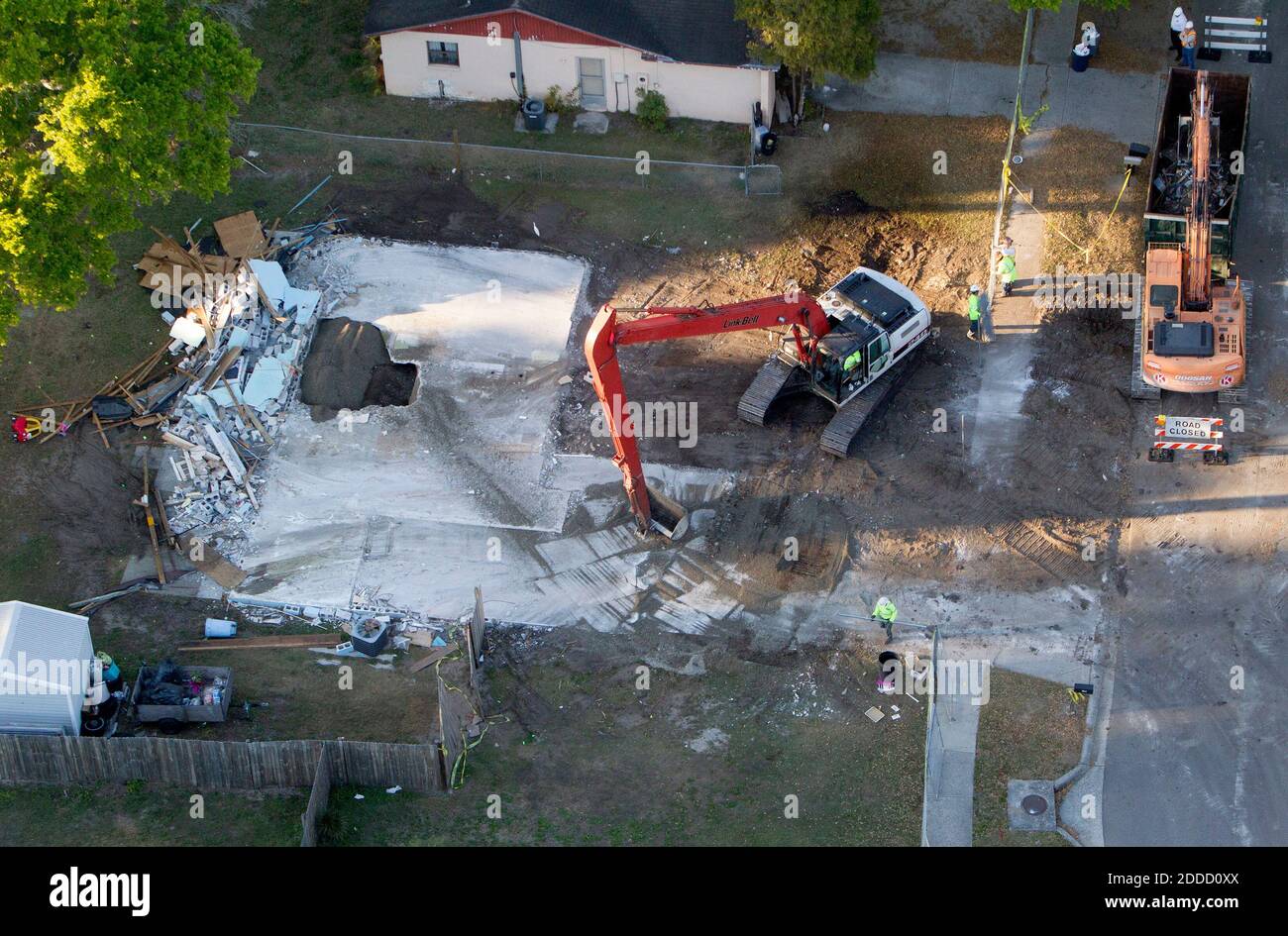 NO FILM, NO VIDEO, NO TV, NO DOCUMENTARY - An aerial view of a sinkhole at 240 Faithway Drive in Seffner, FL, USA, that opened up, killing Jeffrey Bush is seen March 4, 2013. The sinkhole is exposed as demolition of the house continues. Photo by Dirk Shadd/Tampa Bay Times/MCT/ABACAPRESS.COM Stock Photo