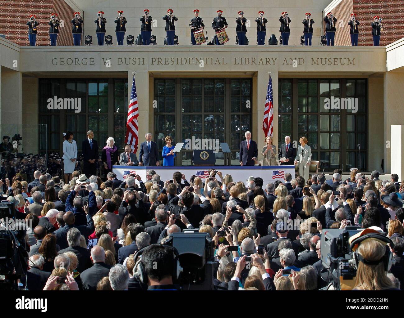 NO FILM, NO VIDEO, NO TV, NO DOCUMENTARY - The five American presidents and their wives onstage, Michelle and Barack Obama, Barbara and George H.W. Bush, George W. Bush and Laura Bush, Bill and Hillary Clinton and Jimmy and Rosalynn Carter as dedication ceremonies take place for the new George W. Bush Presidential Center in Dallas, Texas, USA, Thursday, April 25, 2013. Photo by Paul Moseley/Fort Worth Star-Telegram/MCT/ABACAPRESSS.COM Stock Photo