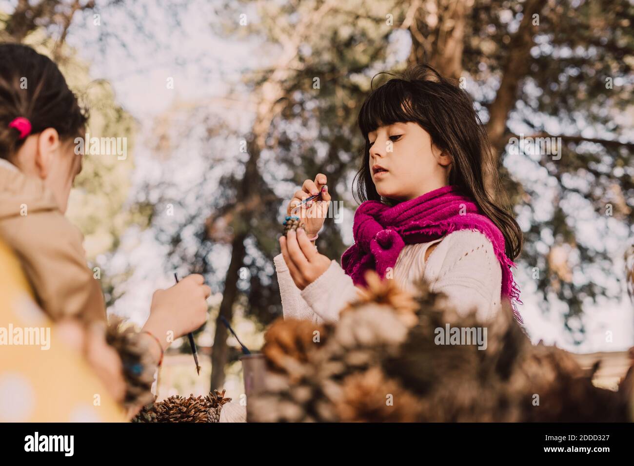 Cute girls coloring pine cones with paintbrushes at park Stock Photo