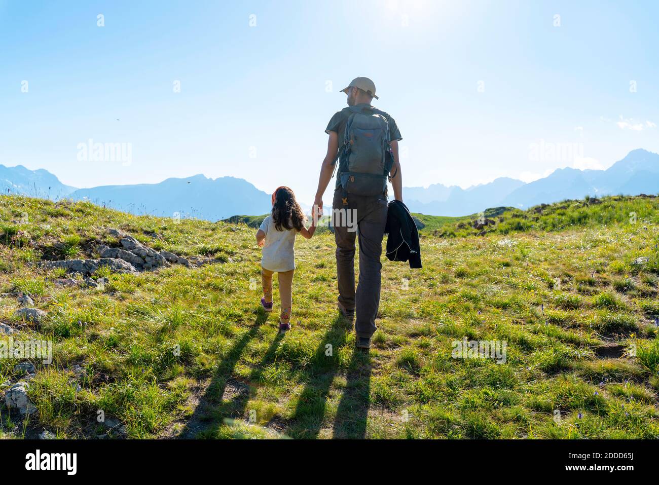 Father and daughter walking on grass during summer Stock Photo