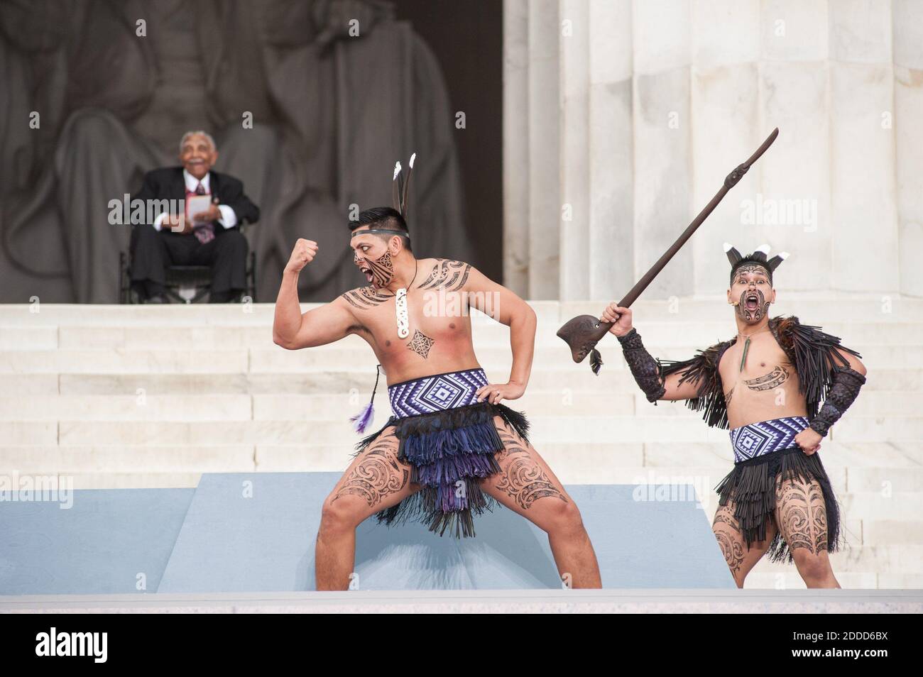 NO FILM, NO VIDEO, NO TV, NO DOCUMENTARY - Maori dancers from Destiny Church, New Zealand, perform as Rev. Joseph Lowery enjoys the performance in the background during the Let Freedom Ring ceremony to commemorate the 50th anniversary of the March on Washington for Jobs and Freedom at the Lincoln Memorial in Washington, DC, USA, Wednesday, August 28, 2013. Photo by Andre Chung/MCT/ABACAPRESS.COM Stock Photo