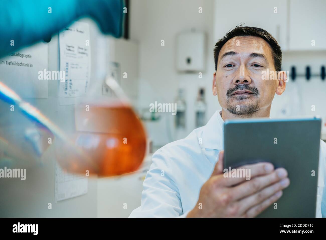 Scientist looking at liquid flask while using digital tablet at laboratory Stock Photo