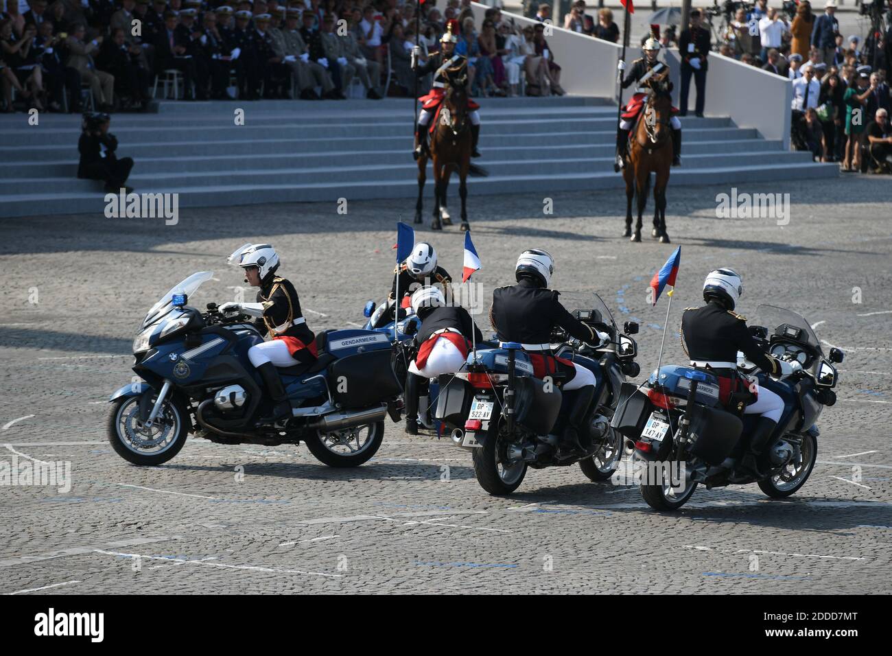 Motorcyclists from The Republican Guard recover from a fall during the  annual Bastille Day military parade on the Champs-Elysees avenue in Paris,  France on July 14, 2018. Photo by Aurore Marechal/ABACAPRESS.COM Stock