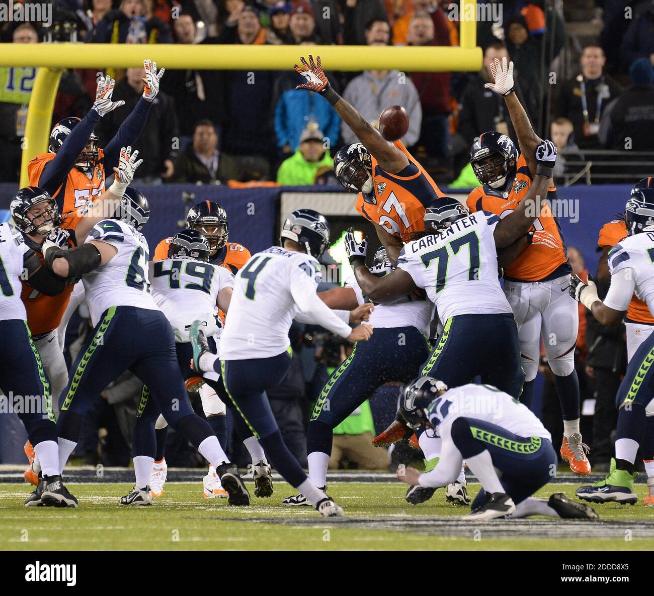 NO FILM, NO VIDEO, NO TV, NO DOCUMENTARY - Seattle Seahawks kicker Steven Hauschka (4) converts a field goal during first-quarter action against the Denver Broncos in Super Bowl XLVIII at MetLife Stadium in East Rutherford, NJ, USA on Febriuary 2, 2014. Photo by J. Conrad Wiliams/Newsday/MCT/ABACAPRESS.COM Stock Photo