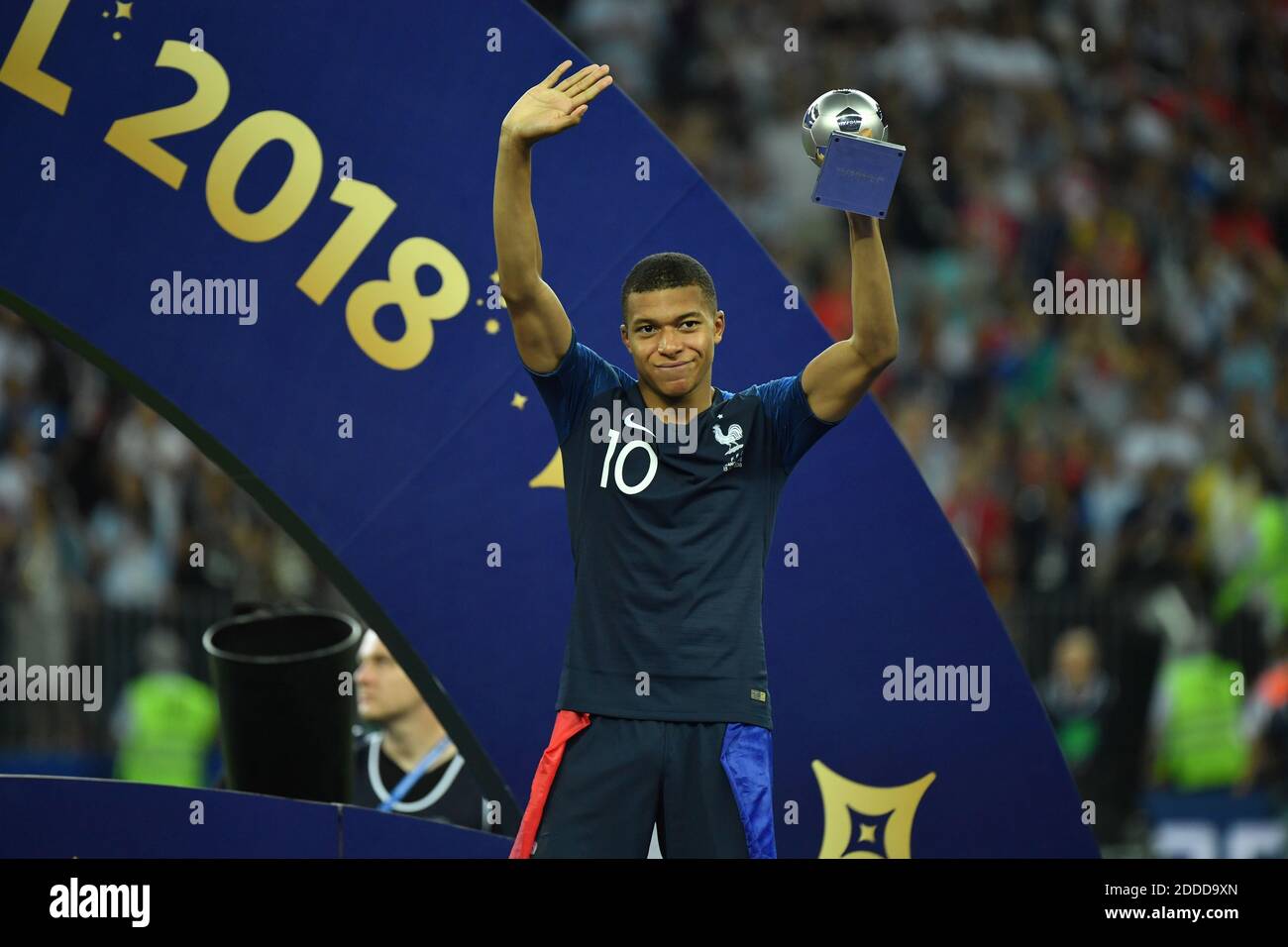 France's Kylian Mbappe lifts the World Cup’s best young player trophy after winning 4-2 the 2018 FIFA World cup final football match France v Croatia at Luzhniki stadium in Moscow, Russia on July 15, 2018. Photo by Lionel Hahn/ABACAPRESS.COM Stock Photo