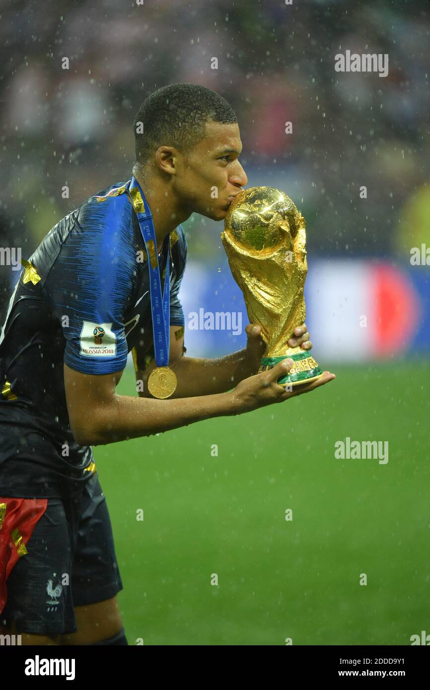 France's Kylian Mbappe kisses the trophy after winning 4-2 the 2018