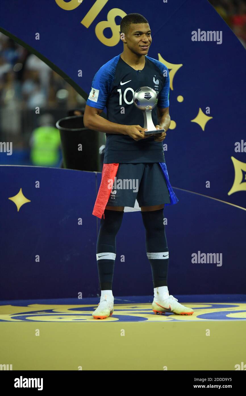 France's Kylian Mbappe holds the World Cup’s best young player trophy after winning 4-2 the 2018 FIFA World cup final football match France v Croatia at Luzhniki stadium in Moscow, Russia on July 15, 2018. Photo by Lionel Hahn/ABACAPRESS.COM Stock Photo