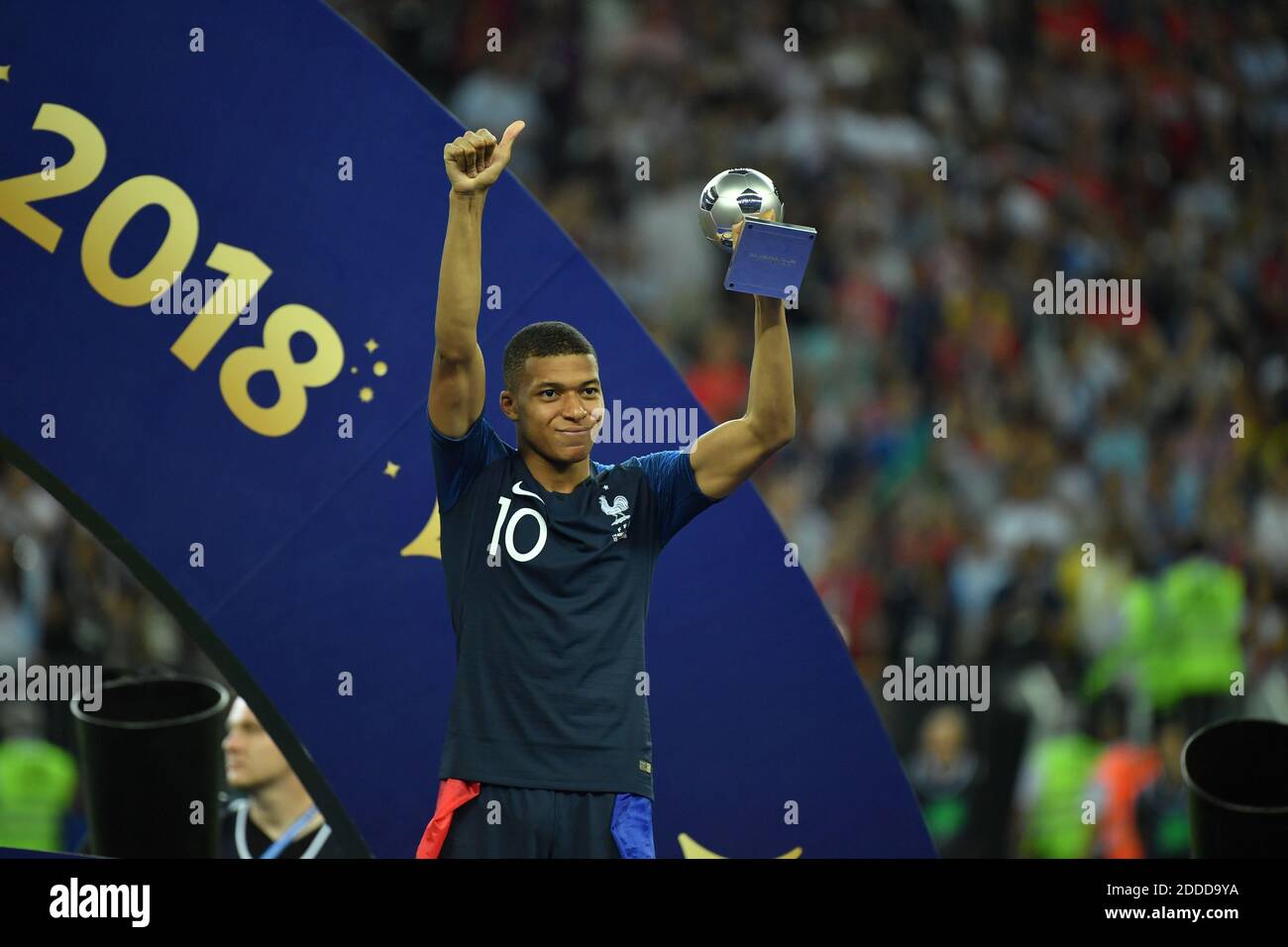 France's Kylian Mbappe lifts the World Cup’s best young player trophy after winning 4-2 the 2018 FIFA World cup final football match France v Croatia at Luzhniki stadium in Moscow, Russia on July 15, 2018. Photo by Lionel Hahn/ABACAPRESS.COM Stock Photo