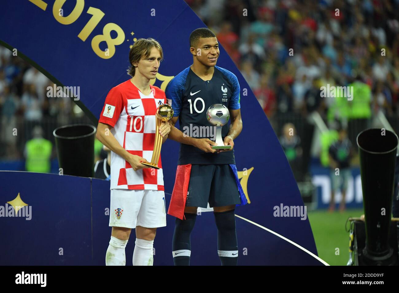 Croatia’s Luka Modric holds the World Cup’s Best Player trophy and France's Kylian Mbappe holds the World Cup’s Best Young Player Trophy after winning 4-2 the 2018 FIFA World cup final football match France v Croatia at Luzhniki stadium in Moscow, Russia on July 15, 2018. Photo by Lionel Hahn/ABACAPRESS.COM Stock Photo
