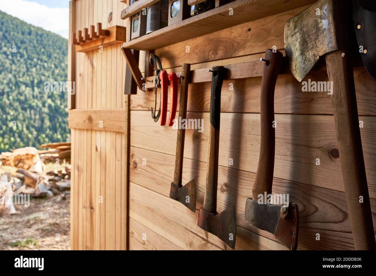 Wood tools in workshop Stock Photo