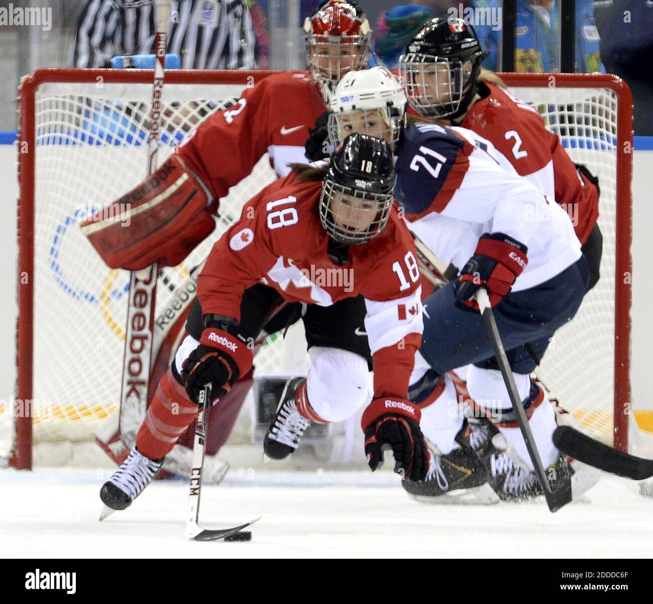 NO FILM, NO VIDEO, NO TV, NO DOCUMENTARY - Canada's Catherine Ward chases the loose puck in front of USA's Hilary Knight in front of Canada's goal in the first period of a women's hockey game at the Winter Olympics in Sochi, Russia, Wednesday, Feb. 12, 2014. Canada beat USA, 3-2. Photo by Mark Reis/Colorado Springs Gazette/MCT/ABACAPRESS.COM Stock Photo