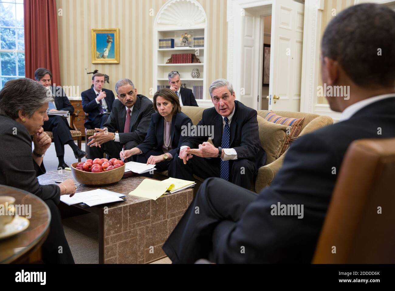 United States President Barack Obama receives an update on the explosions that occurred in Boston, in the Oval Office, April 16, 2013. Seated, from left, are: Homeland Security Secretary Janet Napolitano; Tony Blinken, Deputy National Security Advisor; Jake Sullivan, National Security Advisor to the Vice President; Attorney General Eric Holder; Lisa Monaco, Assistant to the President for Homeland Security and Counterterrorism; Chief of Staff Denis McDonough; and FBI Director Robert Mueller. .Mandatory Credit: Pete Souza - White House via CNP /MediaPunch Stock Photo