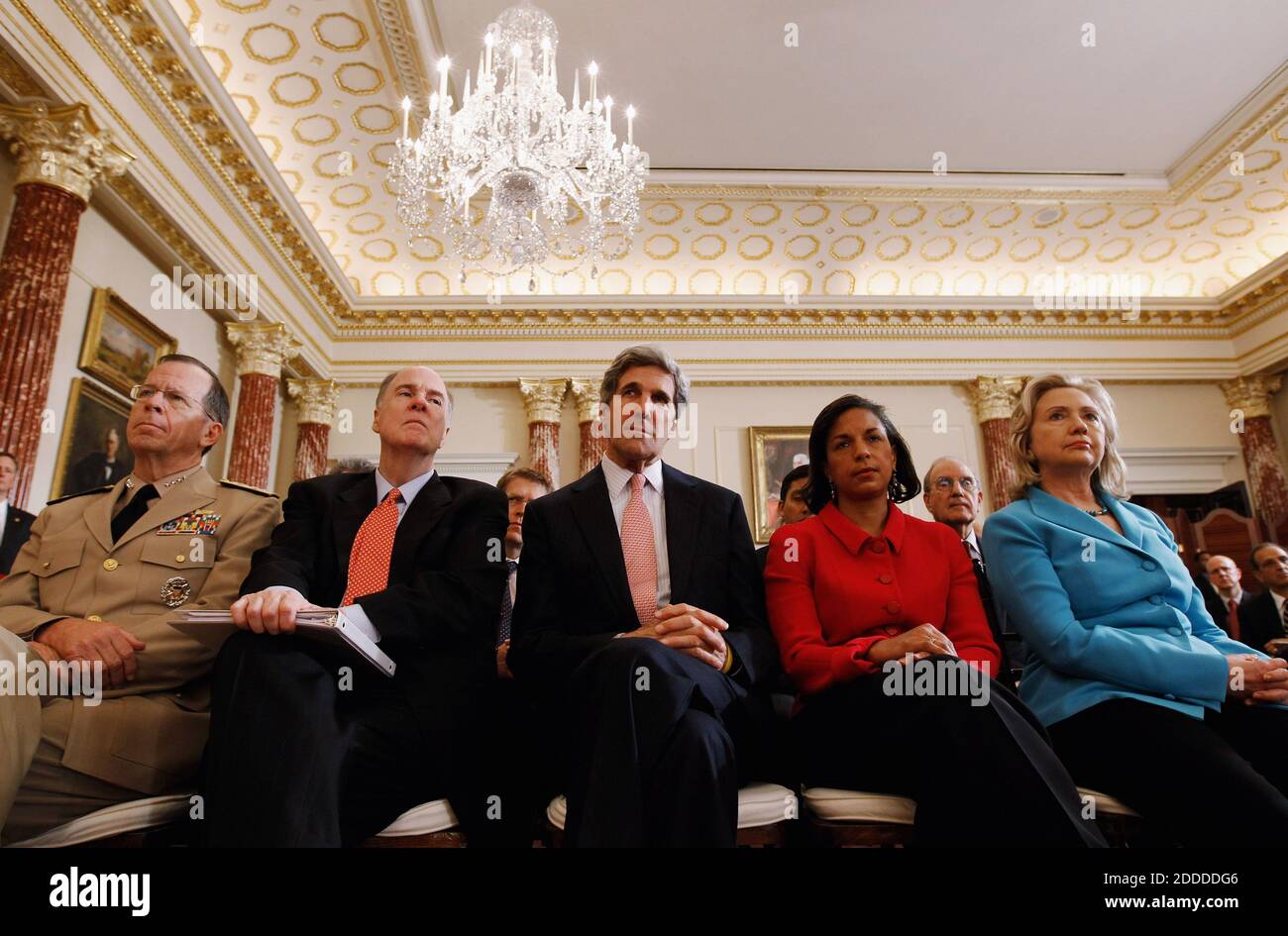 Chairman of the Joint Chiefs of Staff Admiral Mike Mullen, National Security Adviser Tom Donlion, Sen. John Kerry (Democrat of Massachusetts), United Nations Ambassador Susan Rice and Secretary of State Hillary Rodham Clinton listen to President Barack Obama deliver a speech on Mideast and North Africa policy in the Ben Franklin Room at the State Department May 19, 2011 in Washington, DC. Through the lens of the popular Middle East uprisings, the killing of Osama Bin Laden and the bloody crackdown on protesters by the Syrian government, Obama attempted to strike a balance between national secu Stock Photo