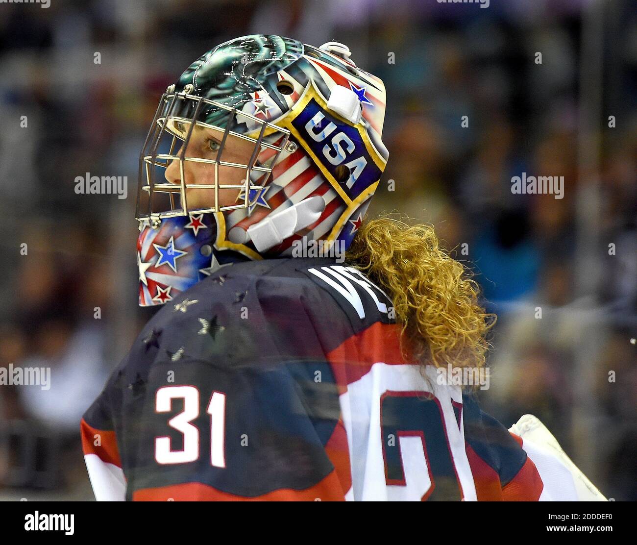 NO FILM, NO VIDEO, NO TV, NO DOCUMENTARY - USA goalie Jessie Vetter (31) during a timeout in the game against Canada during the second period of the women's Gold Medal hockey game at the Winter Olympics in Sochi, Russia, Thursday, February 20, 2014. Photo by Harry E. Walker/MCT/ABACAPRESS.COM Stock Photo