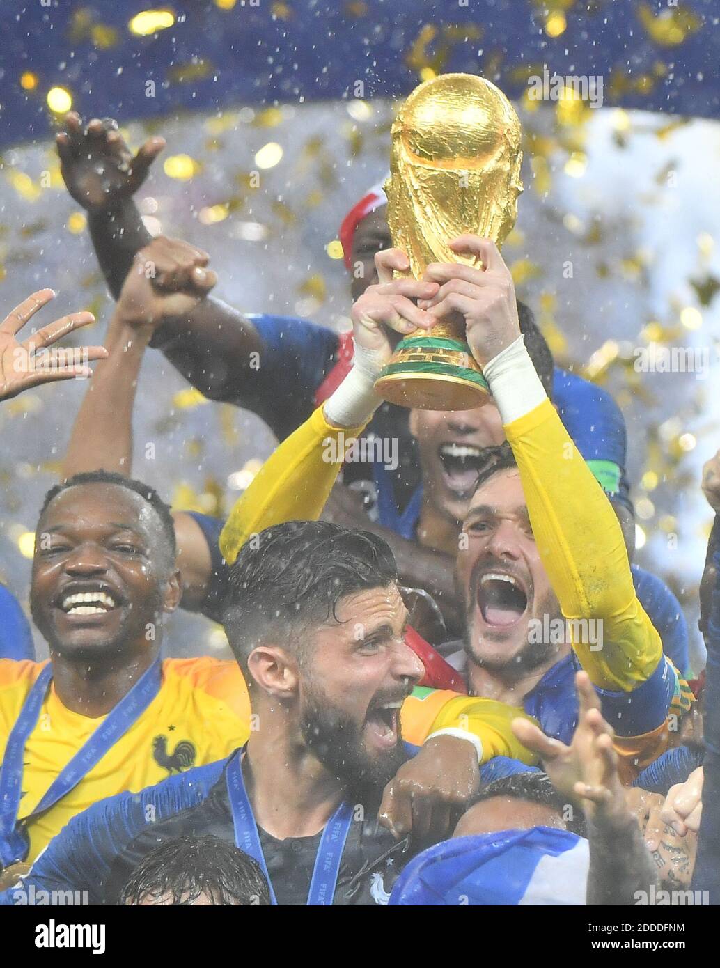 France's captain Hugo Lloris, flanked by Steve Mandanda and Olivier Giroud, lifts the trophy after winning 4-2 the 2018 FIFA World cup final football match France v Croatia at Luzhniki stadium in Moscow, Russia on July 15, 2018. Photo by Christian Liewig/ABACAPRESS.COM Stock Photo