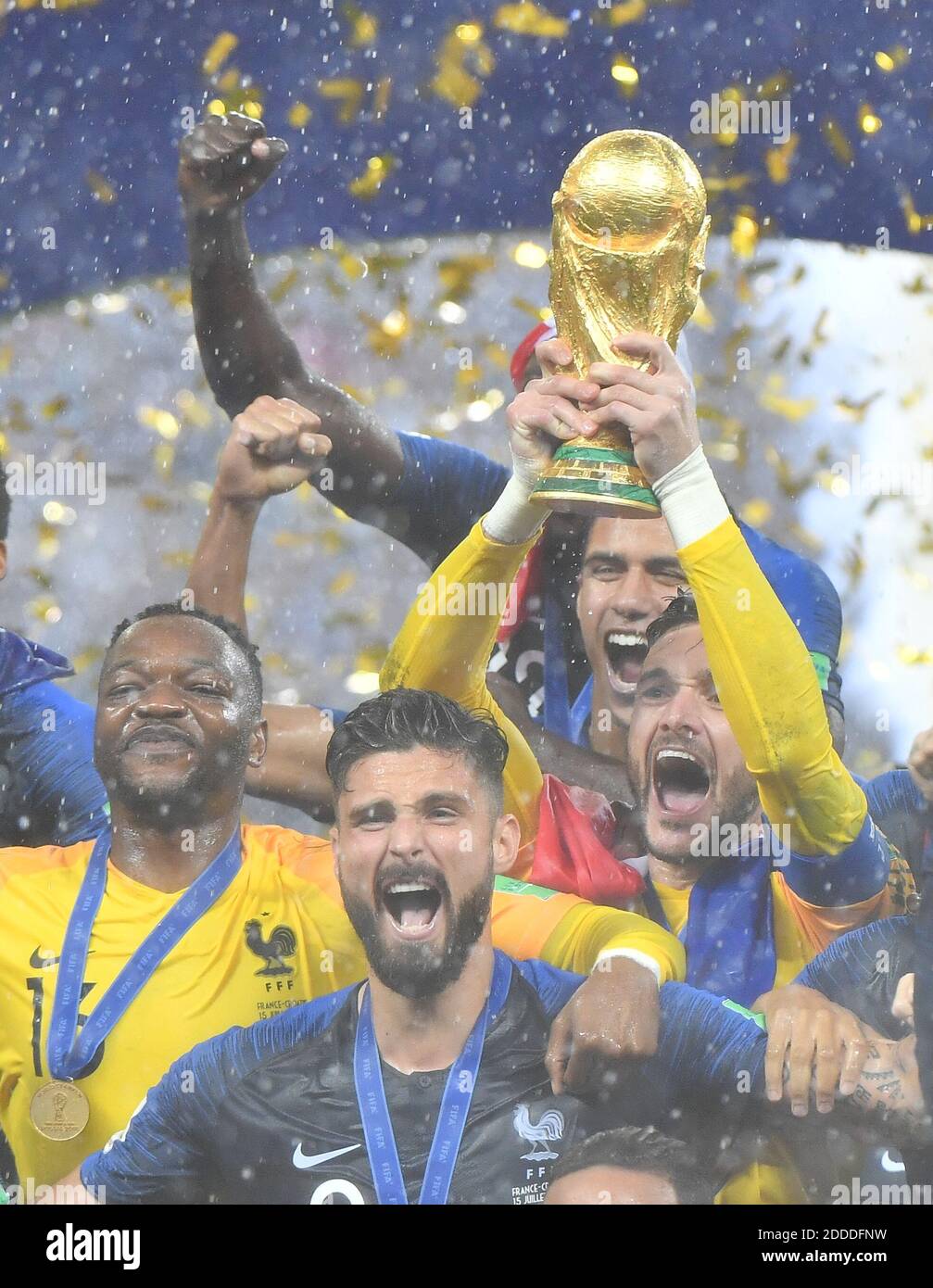 France's captain Hugo Lloris, flanked by Steve Mandanda and Olivier Giroud, lifts the trophy after winning 4-2 the 2018 FIFA World cup final football match France v Croatia at Luzhniki stadium in Moscow, Russia on July 15, 2018. Photo by Christian Liewig/ABACAPRESS.COM Stock Photo