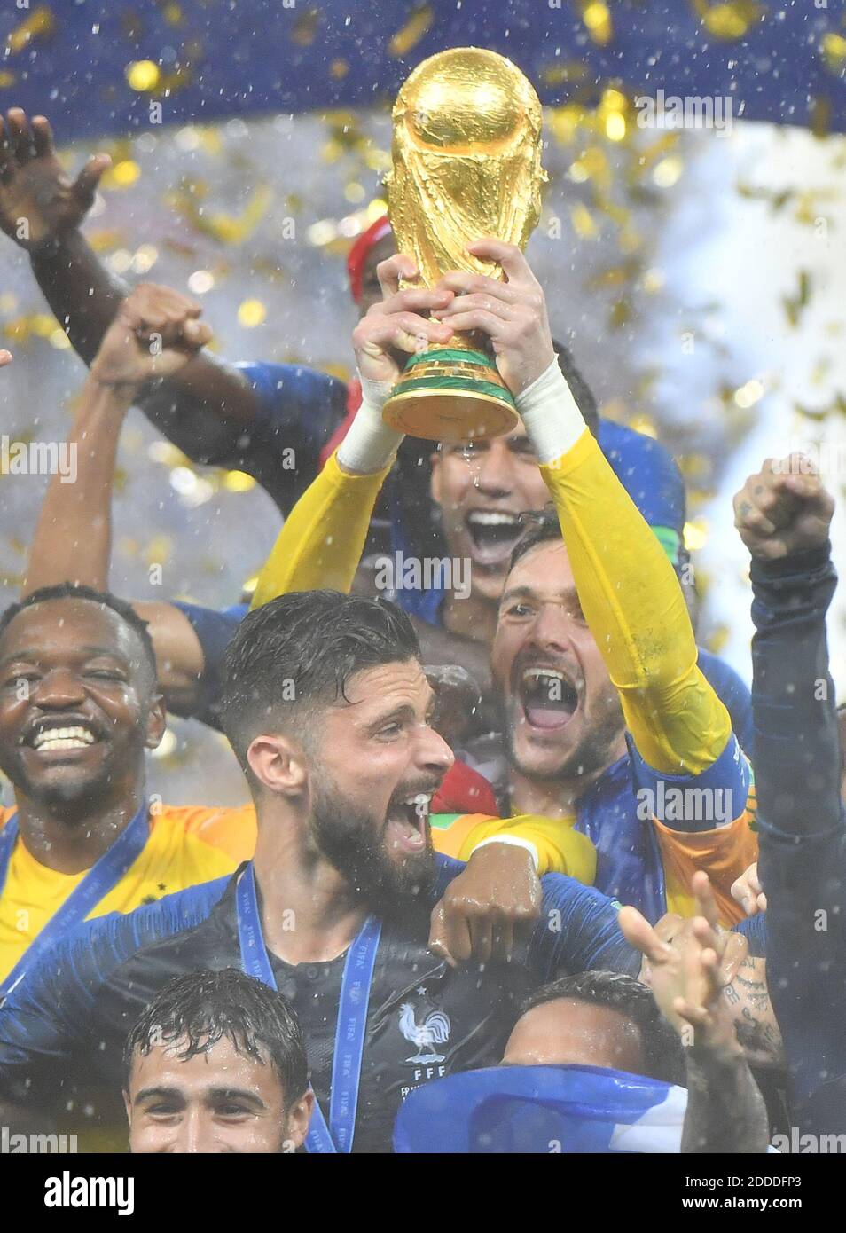 France's captain Hugo Lloris, flanked by Steve Mandanda and Olivier Giroud, lifts the trophy after winning 4-2 the 2018 FIFA World cup final football match France v Croatia at Luzhniki stadium in Moscow, Russia on July 15, 2018. Photo by Christian Liewig/ABACAPRESS.COM Stock Photo