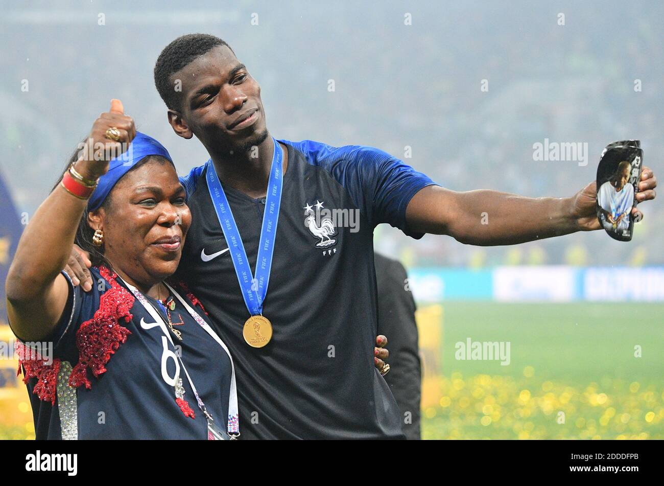 France's Paul Pogba celebrates with his mother Yeo Moriba after winning 4-2 the 2018 FIFA World cup final football match France v Croatia at Luzhniki stadium in Moscow, Russia on July 15, 2018. Photo by Christian Liewig/ABACAPRESS.COM Stock Photo
