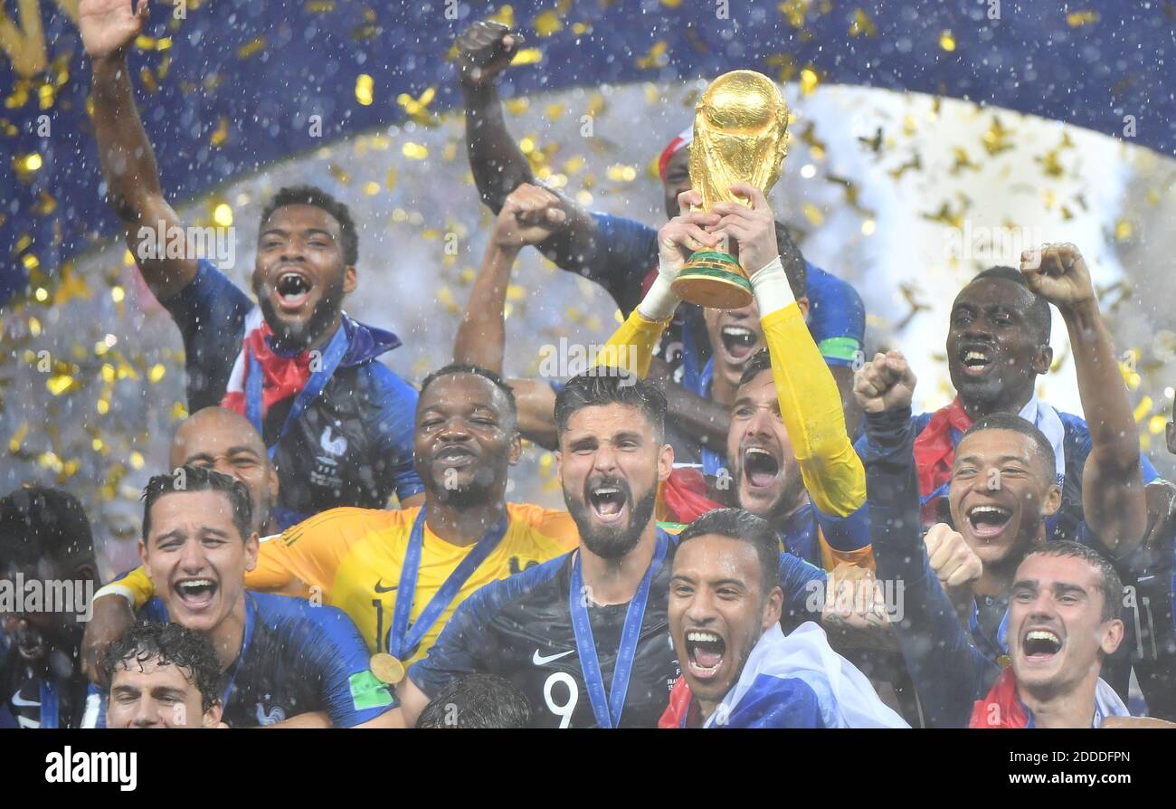 France's captain Hugo Lloris, flanked by Thomas Lemar, Steve Mandanda, Olivier Giroud, Blaise Matuidi, Kylian Mbappe and Antoine Griezmann, lifts the trophy after winning 4-2 the 2018 FIFA World cup final football match France v Croatia at Luzhniki stadium in Moscow, Russia on July 15, 2018. Photo by Christian Liewig/ABACAPRESS.COM Stock Photo