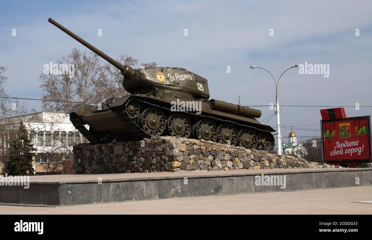 NO FILM, NO VIDEO, NO TV, NO DOCUMENTARY - A Russian tank turned into a war memorial, in central Tiraspol, is seen March 23, 2014, in the soviet Republic of Trans-Dniester, a sliver of contested land that declared its independence from Moldova, Europe's poorest nation, back in 1990 but is yet to be recognized by any government around the world. With a population of just half a million, a mix of ethnic Russians, Moldovans and Ukrainians, Trans-Dniester is little more than a blip on the map, but in recent weeks it has become the focus of much political attention. Photo by Kit Gillet/MCT/ABACAPRE Stock Photo