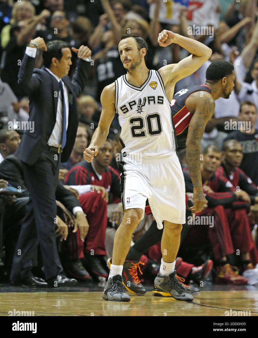 NO FILM, NO VIDEO, NO TV, NO DOCUMENTARY - San Antonio Spurs Manu Ginobili celebrates after hitting a three pointer in the third quarter in Game 5 of the NBA Finals at the AT&T Center in San Antonio, TX, USA, on Sunday, June 15, 2014. Photo by Al Diaz/Miami Herald/MCT/ABACAPRESS.COM Stock Photo