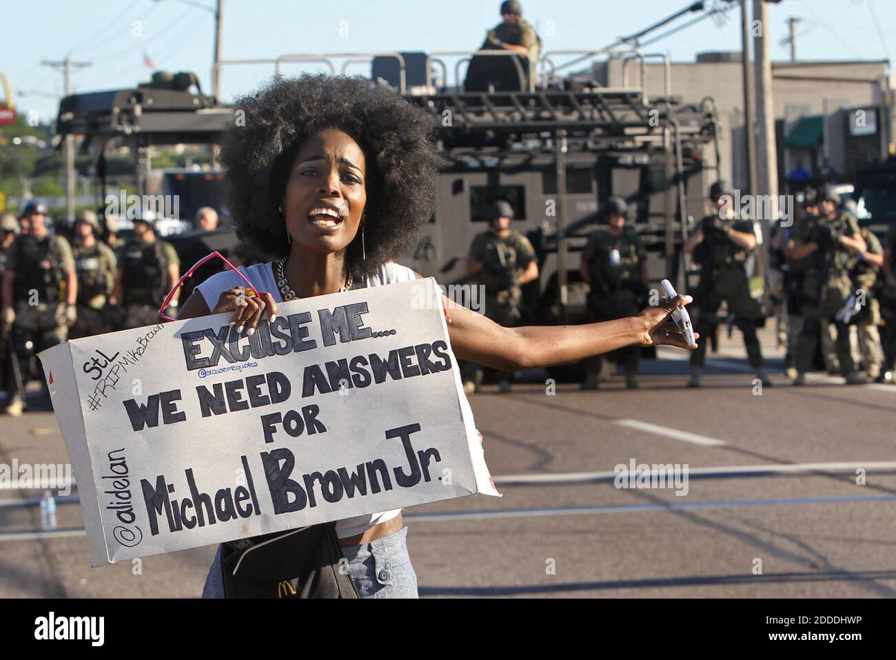 NO FILM, NO VIDEO, NO TV, NO DOCUMENTARY - A protester makes her voice heard as a march organized by area ministers makes its way through Ferguson, MO, USA, on Wednesday, August 13, 2014. Photo by J.B. Forbes/St. Louis Post-Dispatch/MCT/ABACAPRESS.COM Stock Photo