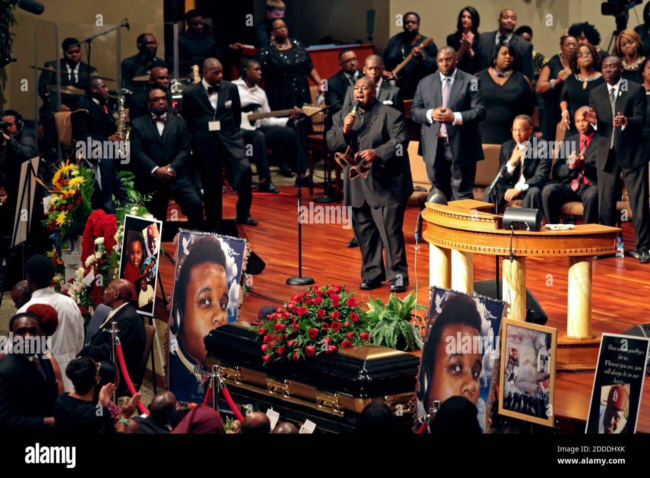 NO FILM, NO VIDEO, NO TV, NO DOCUMENTARY - Funeral services for Michael Brown are held on Monday, August 25, 2014, at Friendly Temple Missionary Baptist Church in St. Louis, MO, USA. Michael Brown, 18, was shot and killed by a Ferguson police officer on August 9, 2014. Photo by Robert Cohen/St. Louis Post-Dispatch/MCT/ABACAPRESS.COM Stock Photo
