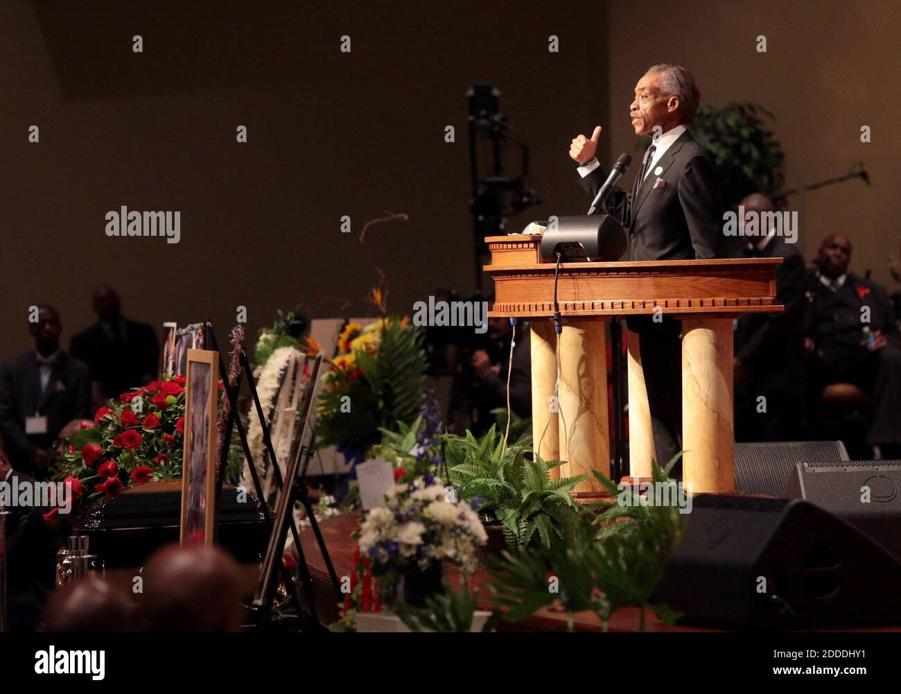 NO FILM, NO VIDEO, NO TV, NO DOCUMENTARY - The Rev. Al Sharpton speaks on Monday, August 25, 2014, at the funeral for Michael Brown at Friendly Temple Missionary Baptist Church in St. Louis, MO, USA. Michael Brown, 18, was shot and killed by a Ferguson police officer on August 9, 2014. Photo by Robert Cohen/St. Louis Post-Dispatch/MCT/ABACAPRESS.COM Stock Photo